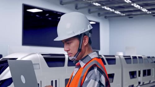 Close Up Side View Of Asian Male Engineer Working On A Laptop With Train in Lab