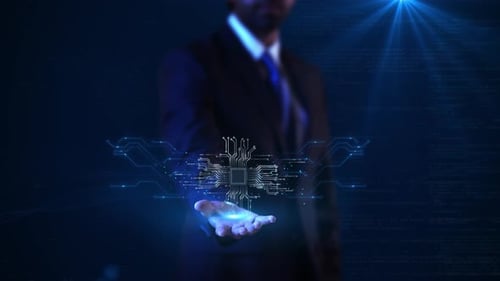 Futuristic Animated Microchip and Data Circuit Board