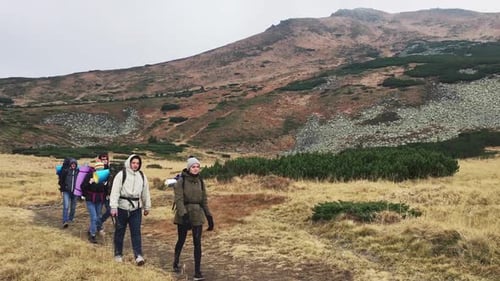 Group Hiking Mountain Trail in Rural Nature