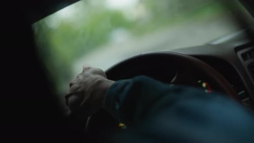 Driver holds steering wheel inside moving car