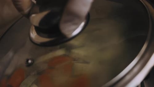 Steaming of Hot Boiled Vegetables Basket of Vegetables That Just Boiled From Hot Water with Steam