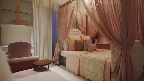 Luxurious Bedroom Interior with Elegant Pink Four-Poster Bed