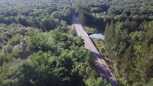 birds eye view to a rural Pennsylvania road in a forest