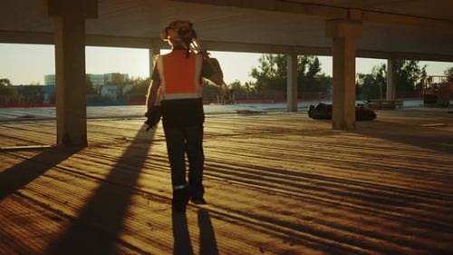 Inside of the Commercial / Industrial Building Construction Site: Professional Engineer Surveyor Fi