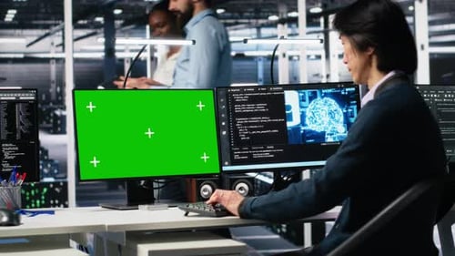 Data Center Admin Typing on Isolated Screen PC Keyboard Using AI