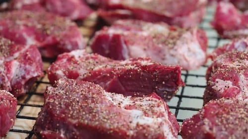 Pieces Of Raw Beef Meat With Spices And Salt Delicious Steak From Marble Beef In Luxury Restaurant