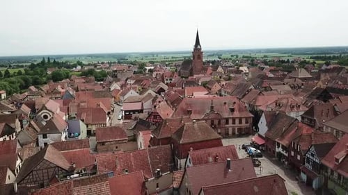 Aerial View of Quaint European Town with Red Roofs