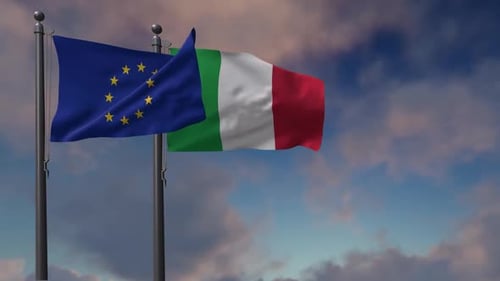 European Union and Italian Flags Waving with Cloudy Sky