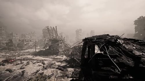 Wreckage of Burnt Vehicle Sprawled Across Debrisstrewn Roadway After Disaster