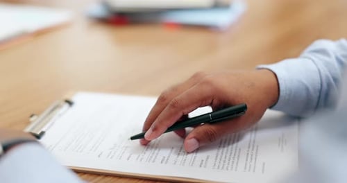 Insurance, reading or hands with contract to sign application, checklist or document for loan