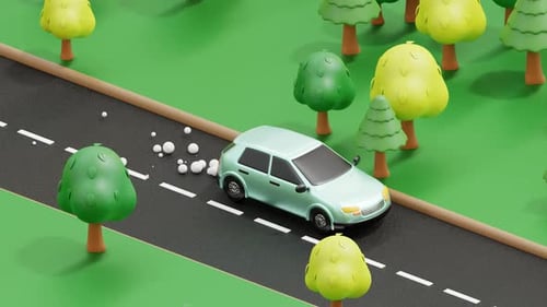 Momentos de viaje agradables: Hatchback en la carretera con un exuberante paisaje verde. Animación 3D