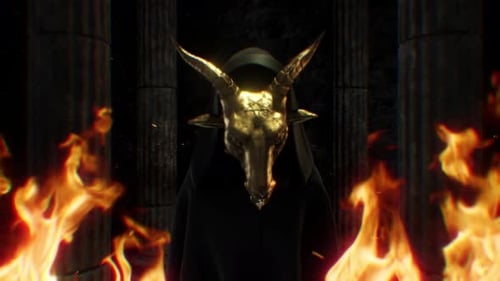 Golden Goat Skull Hooded Figure with Fire and Pentagram Reveal