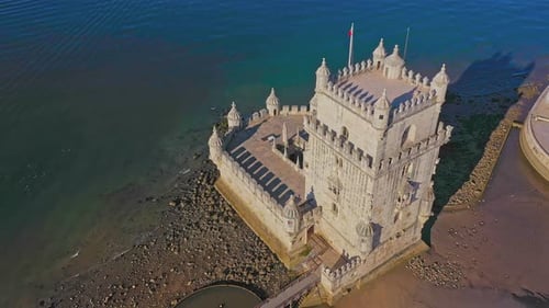 Drone Stay Above Belem Tower and Water Lisbon Portugal on Sunny Day