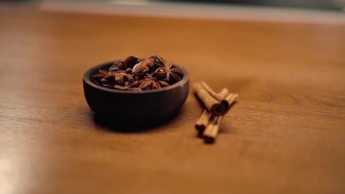 seasonings for food in a professional kitchen in a restaurant cinnamon sticks for serving