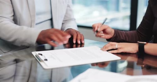 Signature, meeting and hands of business people in office for legal protection