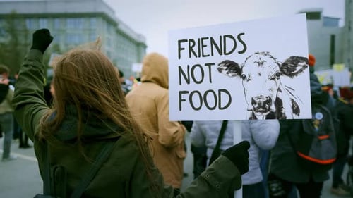 Bannière Animal Friends Not Food De nombreuses personnes protestent pour les droits avec des pancartes