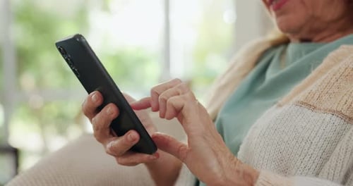 Home, hands and old woman with cellphone, typing and internet with connection