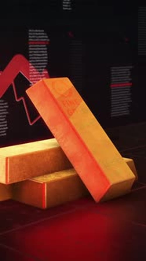 Vídeo vertical de lingotes de oro con fondo financiero de flecha roja cayendo