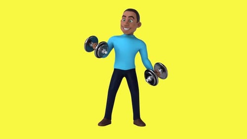 Lustiger 3D-Cartoon-Mann beim Gewichtheben (inklusive Alphakanal)