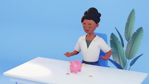 Woman and piggy bank, money on the desk. Investment, savings and earning money concept