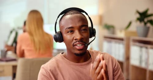 Call center, businessman and headset with computer for consultant, customer information