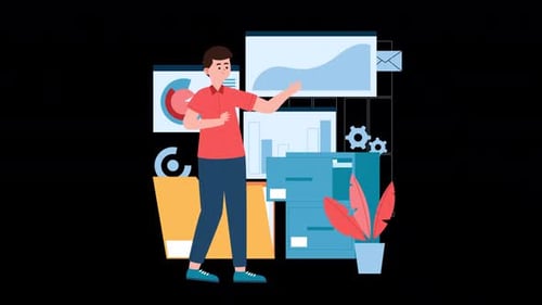 Business Specialist Working In The Office Is Making A Presentation About The Project Alpha Channel