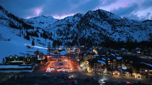 Aerial Night View of Ski Resort Village in Palisades Tahoe California