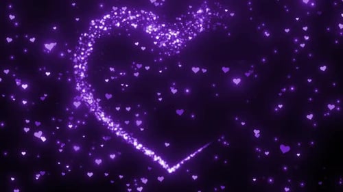 Herzförmige Spur mit rosafarbenen Partikeln und glitzerndem Partikel auf Hintergrund mit Farbverlauf, Liebe, Romantik