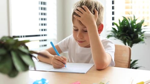 Cute Boy Doing School Homework at Home Distance Education Online Education