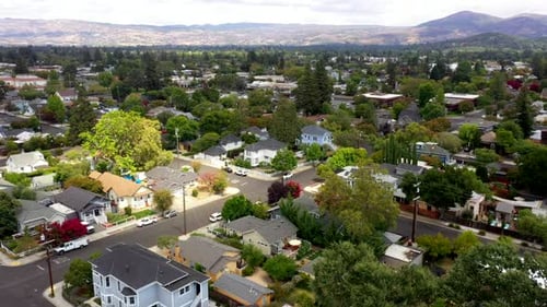 Drone Orbit of Napa Adjacent Town With Tree-Lined Streets and Overcast