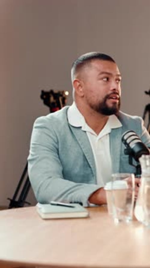 Business, podcast and man in studio, talking and microphone with financial advisor