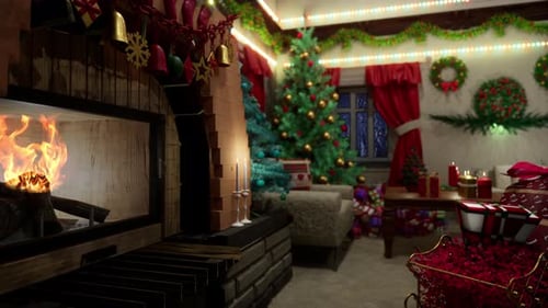 Christmas living room with a burning fireplace Still 4K Animation 04