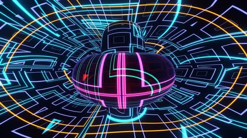 Neon Abstract Sphere Tunnel Digital Vidios Bright Colors Futuristic Design Glowing Lines Geometric