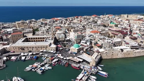 Aerial video over the old city of Acre in northern Israel