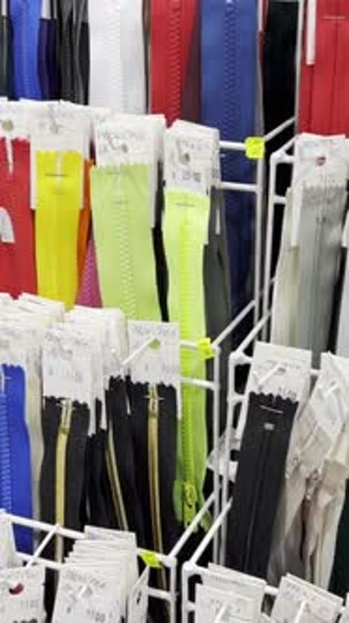 Many Different Zippers for Clothes of Different Sizes and Colors Zippers on Racks in the Workshop