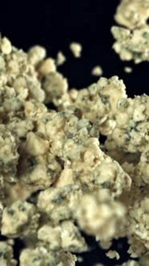 Super Slow Motion Blue Cheese Pieces Filmed on a Highspeed Camera at 1000 Fps