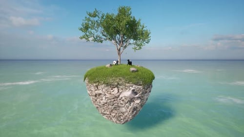 Flying Island Goats Graze in the Meadow Ocean Waves