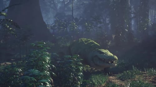 Crocodile se reposant tranquillement dans la verdure d'une jungle dense