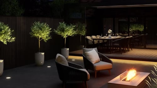 Backyard landscaping with sofas, armchairs, fireplace, barbecue and pergola. 3d render