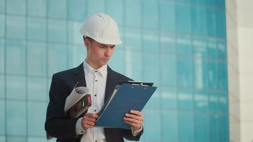 Male Engineer Wearing in Helmet Looking Construction Drawings in His Hand