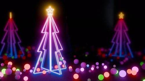 Animated Neon Christmas Trees with Colorful Glowing Orbs Background Loop