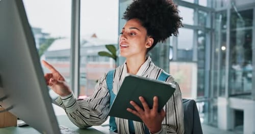 Office, thinking and woman with tablet, online or web designer with tech, creative or visual design