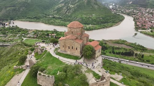 Aerial View of Ancient Fortress and Church in Georgia