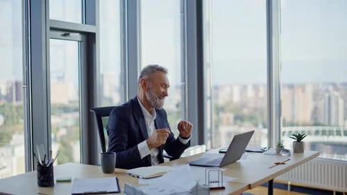 Positive Entrepreneur Talking Laptop Webcam Consulting Client Remotely in Office