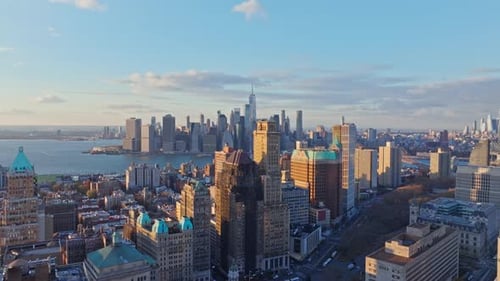 Downtown Brooklyn Sunset with Lower Manhattan Background One World Trade Center Shimmering