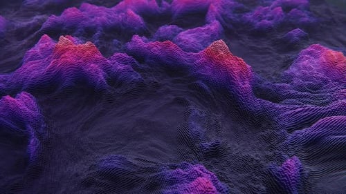 Abstrakte Zeitlupengrafiken des Fliegens um eine wellenförmige neonkubische Landschaft