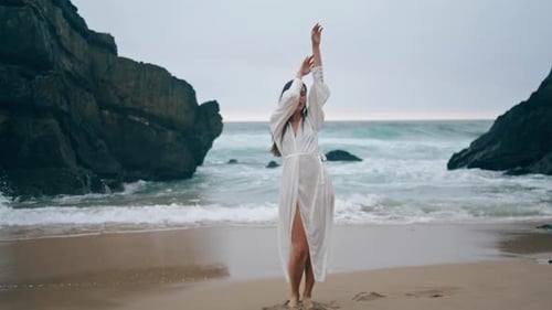 Tender Woman Dancing Beach Cloudy Evening Girl Moving Body Seductively on Shore