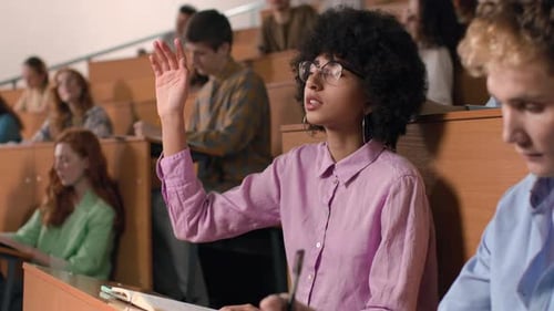 Students raising hands during engaging lecture at prestigious international university