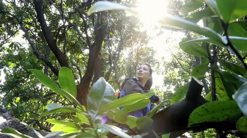 Active lifestyle smiling woman relaxing, sitting on massive dry tree trunk in the forest, taking a b