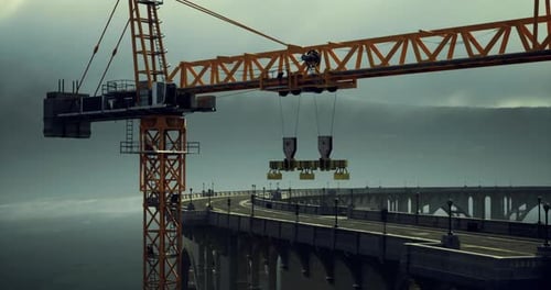 Una grúa de construcción levanta materiales sobre un puente costero bajo un cielo Dramático